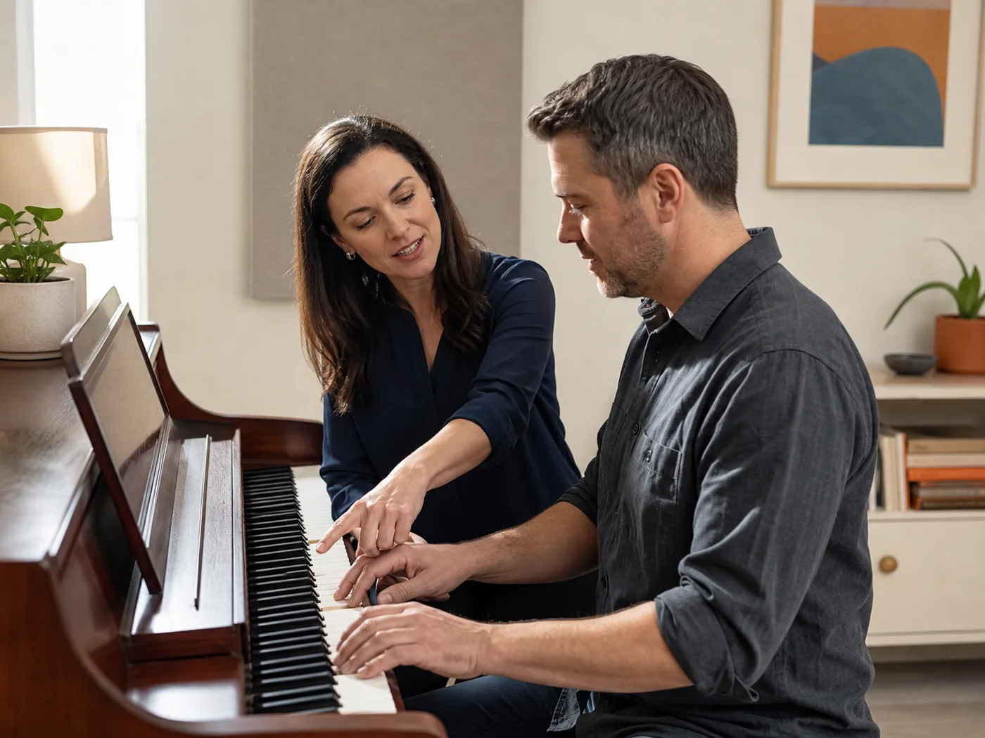 Adult beginner receiving guidance from a piano instructor during an illustrative home lesson