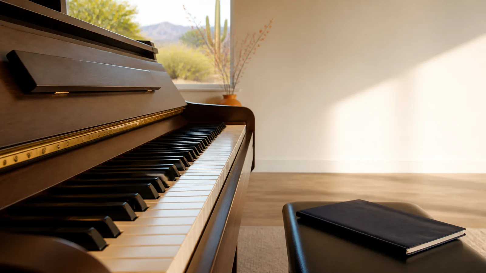 Upright piano and lesson notebook in a sunlit Arizona-style music room
