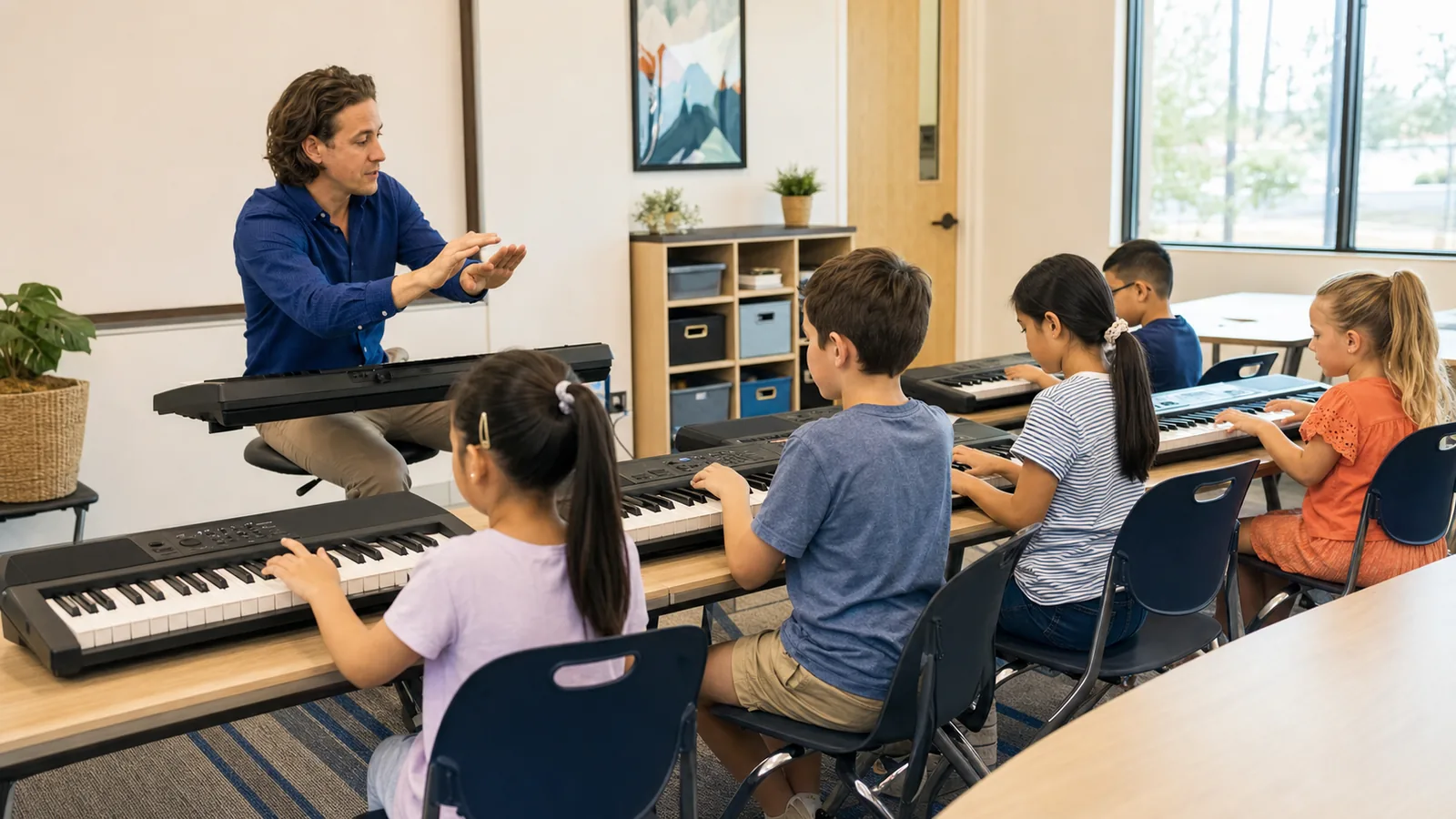 Instructor leading an illustrative small-group keyboard class for children