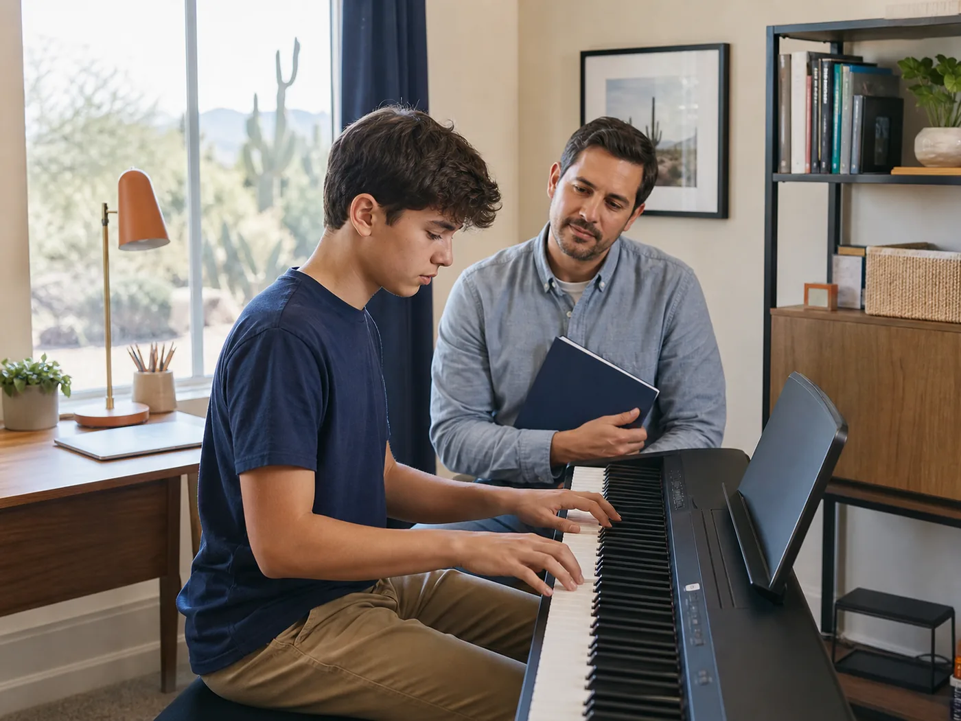 Teen practicing at a digital piano with an instructor during an illustrative home lesson