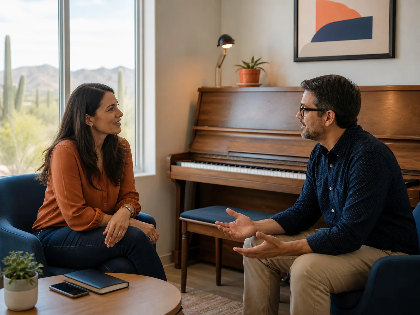 Parent discussing piano lesson enrollment with a music coordinator in an illustrative consultation