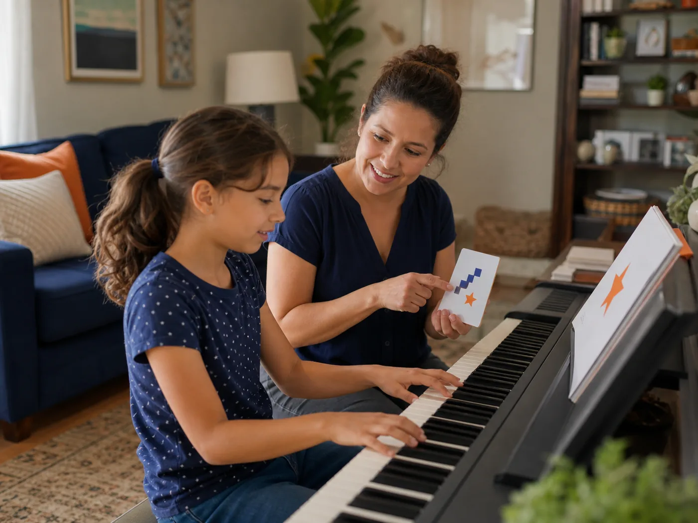 Parent encouraging a child during an illustrative piano practice session at home
