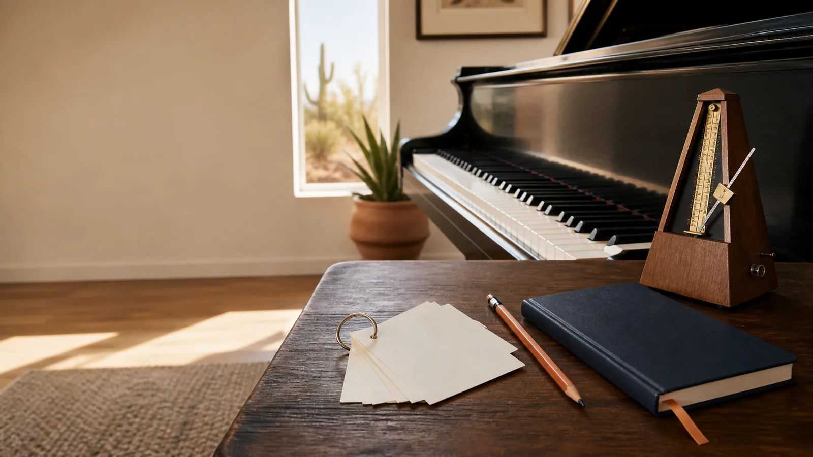 Piano keyboard, metronome, pencil, notebook, and blank practice cards in a sunlit music room