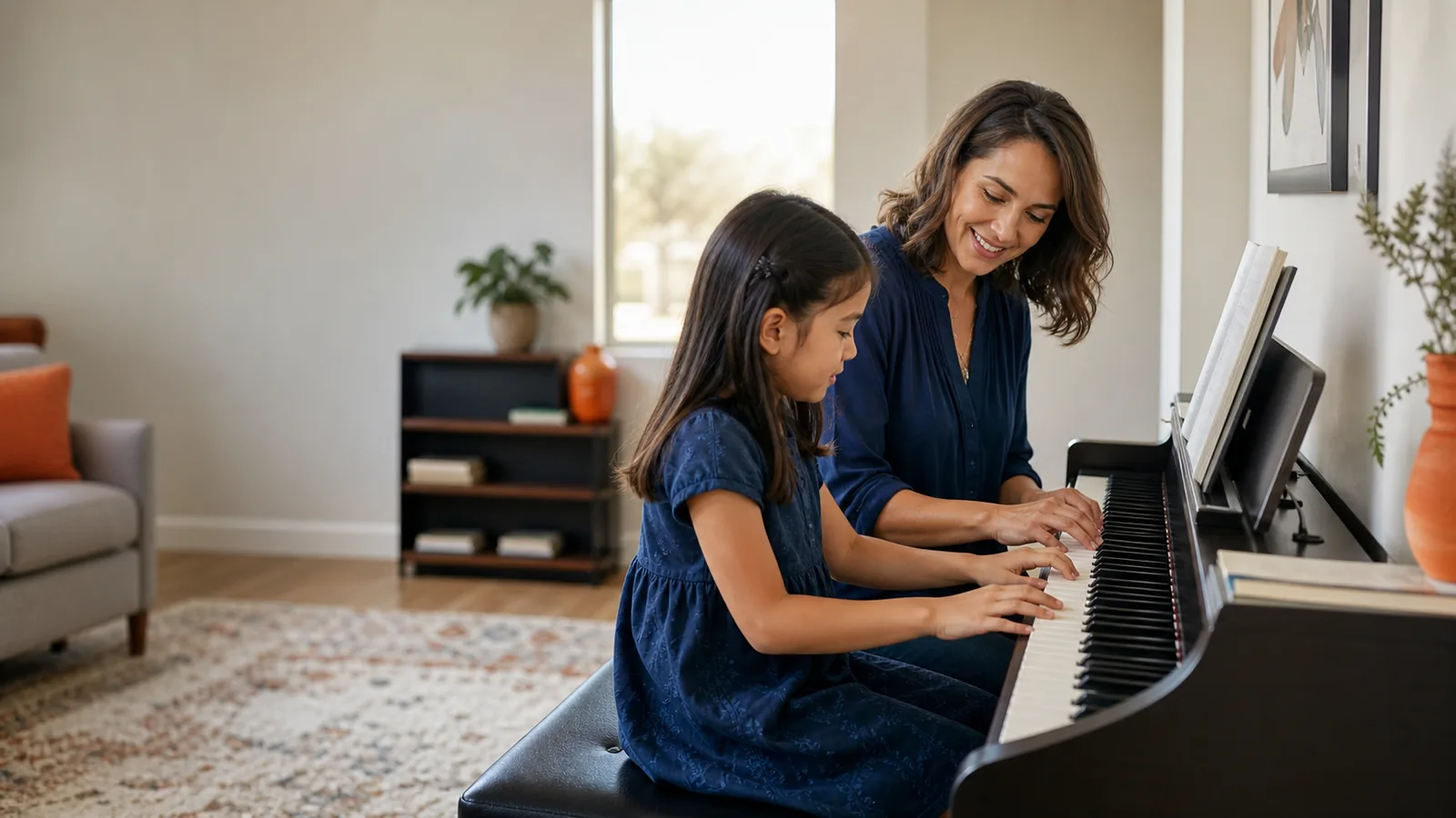 Piano instructor guiding a child at a digital piano during an illustrative in-home lesson